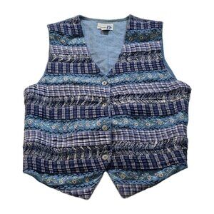 Paul Harris Design Vest Women S Blue Cotton Boho Button Embroidery Patchwork VTG